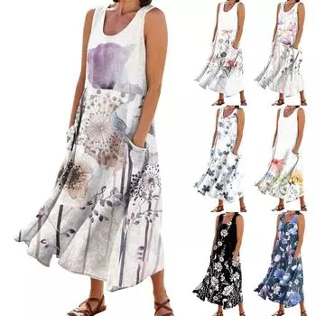 Женские модные повседневные платья из хлопка и льна без рукавов с цветочным принтом и небольшими карманами One size чёрный