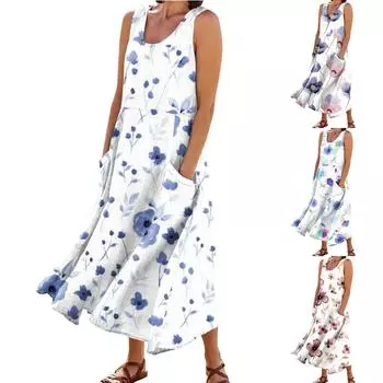 Женские модные повседневные платья из хлопка и льна без рукавов с цветочным принтом и небольшими карманами L циан