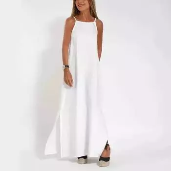Женские модные повседневные платья из хлопка и льна с разрезом на шее S белый