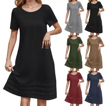 Женские модные повседневные платья из хлопка и льна свободного кроя с коротким рукавом и круглым вырезом L тёмно-синий