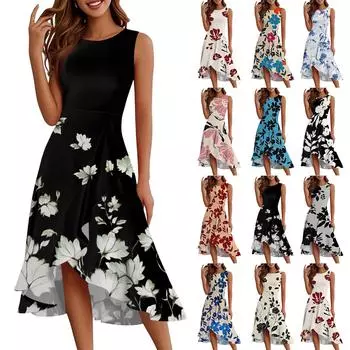 Женские модные повседневные платья-платья без рукавов с застежкой-молнией и круглым вырезом с оборками L чёрный