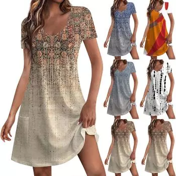 Женские модные повседневные платья с карманами и принтом в богемном стиле, пляжные платья с v-образным вырезом и короткими рукавами L хаки