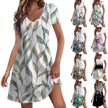 Женские модные повседневные платья с карманами и принтом в богемном стиле, пляжные платья с v-образным вырезом и короткими рукавами L чёрный