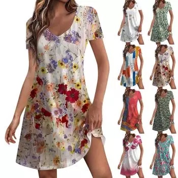 Женские модные повседневные платья с карманами и принтом в богемном стиле, пляжные платья с v-образным вырезом и короткими рукавами XL красный