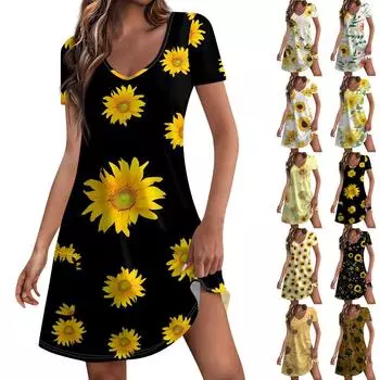 Женские модные повседневные платья с карманами и принтом в богемном стиле, пляжные платья с v-образным вырезом и короткими рукавами