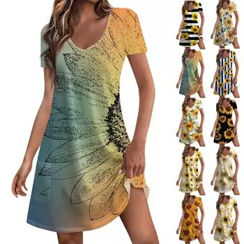 Женские модные повседневные платья с карманами и принтом в богемном стиле, пляжные платья с v-образным вырезом и короткими рукавами