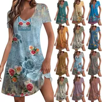 Женские модные повседневные платья с карманами и принтом в богемном стиле, пляжные платья с v-образным вырезом и короткими рукавами