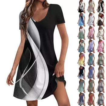 Женские модные повседневные платья с карманами и принтом в богемном стиле, пляжные платья с v-образным вырезом и короткими рукавами