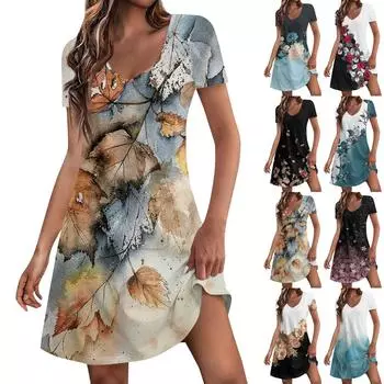 Женские модные повседневные платья с карманами и принтом в богемном стиле, пляжные платья с v-образным вырезом и короткими рукавами