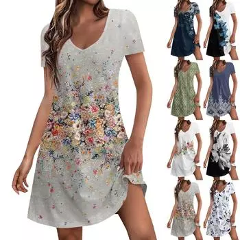 Женские модные повседневные платья с карманами и принтом в богемном стиле, пляжные платья с v-образным вырезом и короткими рукавами L чёрный