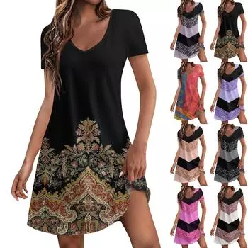 Женские модные повседневные платья с карманами и принтом в богемном стиле, пляжные платья с v-образным вырезом и короткими рукавами L чёрный