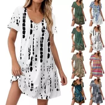 Женские модные повседневные платья с карманами и принтом в богемном стиле, пляжные платья с v-образным вырезом и короткими рукавами L синий