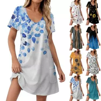 Женские модные повседневные платья с карманами и принтом в богемном стиле, пляжные платья с v-образным вырезом и короткими рукавами L чёрный