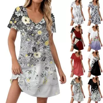 Женские модные повседневные платья с карманами и принтом в богемном стиле, пляжные платья с v-образным вырезом и короткими рукавами L