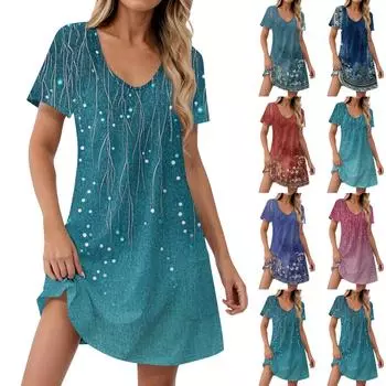 Женские модные повседневные платья с карманами и принтом в богемном стиле, пляжные платья с v-образным вырезом и короткими рукавами L синий