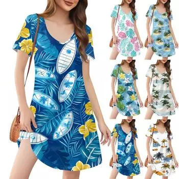 Женские модные повседневные платья с карманами и принтом в богемном стиле, пляжные платья с v-образным вырезом и короткими рукавами L розовый