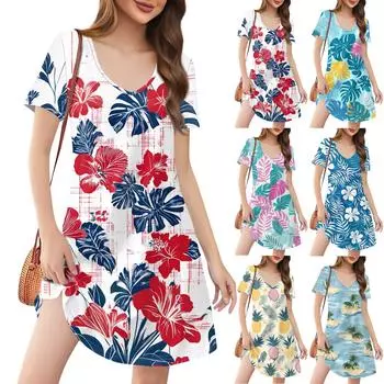Женские модные повседневные платья с карманами и принтом в богемном стиле, пляжные платья с v-образным вырезом и короткими рукавами XXXL синий