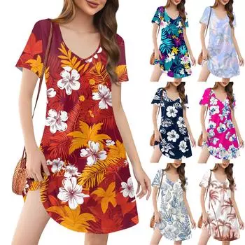 Женские модные повседневные платья с карманами и принтом в богемном стиле, пляжные платья с v-образным вырезом и короткими рукавами XXL