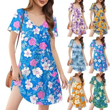 Женские модные повседневные платья с карманами и принтом в богемном стиле, пляжные платья с v-образным вырезом и короткими рукавами M