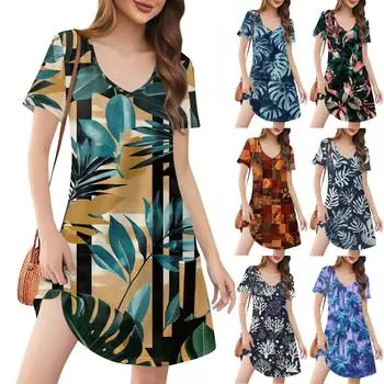 Женские модные повседневные платья с карманами и принтом в богемном стиле, пляжные платья с v-образным вырезом и короткими рукавами XXL коричневый