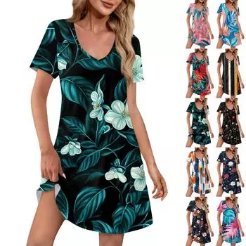 Женские модные повседневные платья с карманами и принтом в богемном стиле, пляжные платья с v-образным вырезом и короткими рукавами L синий