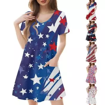 Женские модные повседневные платья с карманами и принтом в богемном стиле, пляжные платья с v-образным вырезом и короткими рукавами S