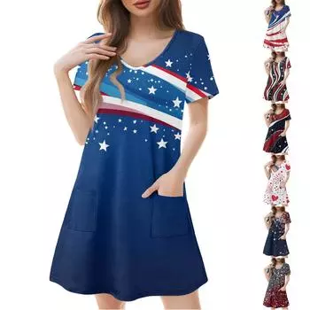 Женские модные повседневные платья с карманами и принтом в богемном стиле, пляжные платья с v-образным вырезом и короткими рукавами XXL тёмно-синий