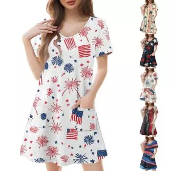 Женские модные повседневные платья с карманами и принтом в богемном стиле, пляжные платья с v-образным вырезом и короткими рукавами XL тёмно-синий