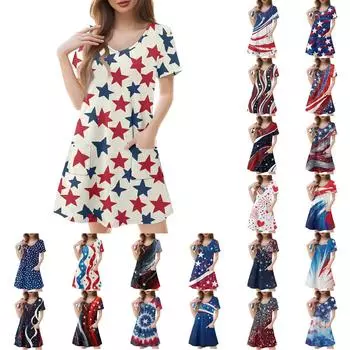 Женские модные повседневные платья с карманами и принтом в богемном стиле, пляжные платья с v-образным вырезом и короткими рукавами S синий