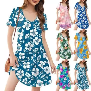Женские модные повседневные платья с карманами и принтом в богемном стиле, пляжные платья с v-образным вырезом и короткими рукавами M синий