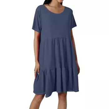 Женские модные повседневные платья с круглым вырезом и коротким рукавом с оборками S тёмно-синий
