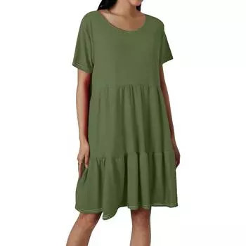 Женские модные повседневные платья с круглым вырезом и коротким рукавом с оборками L армия зеленый