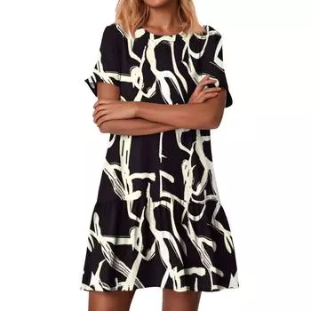 Женские модные повседневные платья с круглым вырезом и коротким рукавом с оборками и винтажным принтом XXL чёрный