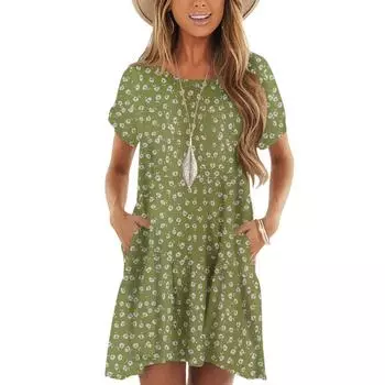 Женские модные повседневные платья с круглым вырезом и коротким рукавом с оборками и винтажным принтом M