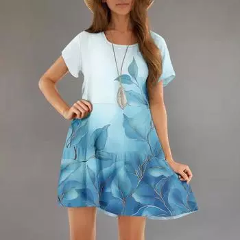 Женские модные повседневные платья с круглым вырезом и коротким рукавом с оборками и градиентным принтом M синий