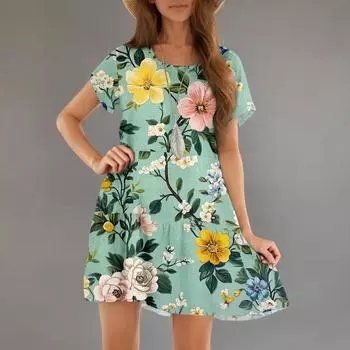 Женские модные повседневные платья с круглым вырезом и коротким рукавом с оборками и градиентным принтом M зелёный