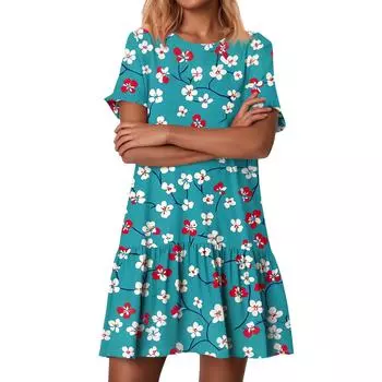 Женские модные повседневные платья с круглым вырезом и коротким рукавом с оборками и винтажным принтом M