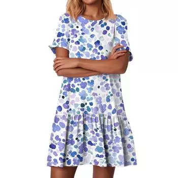 Женские модные повседневные платья с круглым вырезом и коротким рукавом с оборками и винтажным принтом M фиолетовый