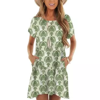 Женские модные повседневные платья с круглым вырезом и коротким рукавом с оборками и винтажным принтом XXL