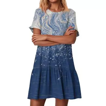 Женские модные повседневные платья с круглым вырезом и коротким рукавом с оборками и винтажным принтом M