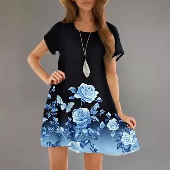 Женские модные повседневные платья с круглым вырезом и коротким рукавом с оборками и градиентным принтом S чёрный