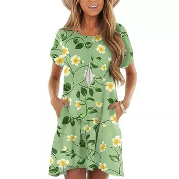 Женские модные повседневные платья с круглым вырезом и коротким рукавом с оборками и винтажным принтом L зелёный