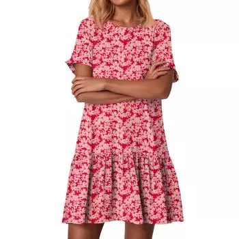 Женские модные повседневные платья с круглым вырезом и коротким рукавом с оборками и винтажным принтом M