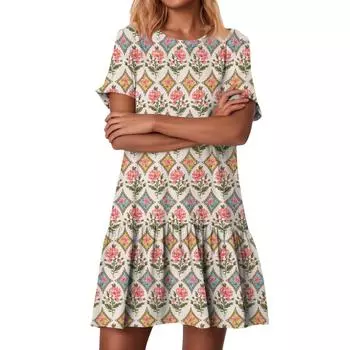 Женские модные повседневные платья с круглым вырезом и коротким рукавом с оборками и винтажным принтом L винный