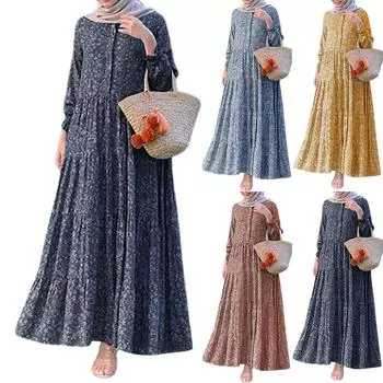 Женские модные повседневные платья с круглым вырезом и длинным рукавом с цветочным принтом L темно-синий