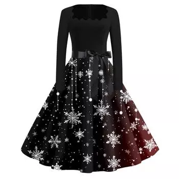 Женские модные повседневные платья с квадратным вырезом и тонкими рождественскими принтами с длинными рукавами L чёрный