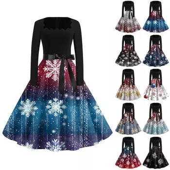 Женские модные повседневные платья с квадратным вырезом и тонкими рождественскими принтами с длинными рукавами L синий