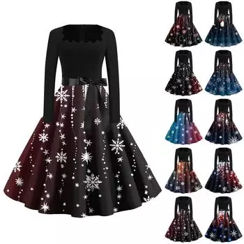 Женские модные повседневные платья с квадратным вырезом и тонкими рождественскими принтами с длинными рукавами XXXL тёмно-синий