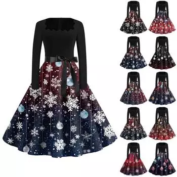 Женские модные повседневные платья с квадратным вырезом и тонкими рождественскими принтами с длинными рукавами L синий