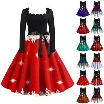 Женские модные повседневные платья с квадратным вырезом и тонкими рождественскими принтами с длинными рукавами XXL винный